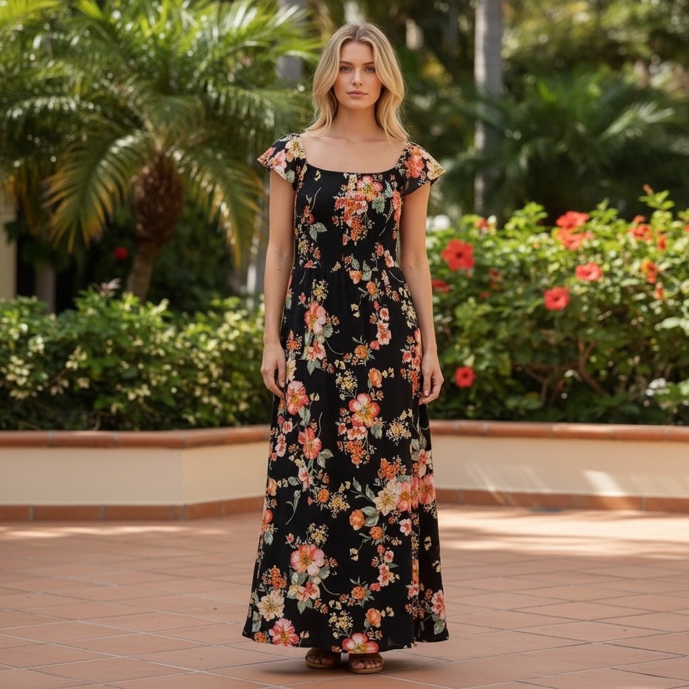 Band of Gypsies Black Floral Flutter Sleeve Smocked Back Maxi Dress Boho Small